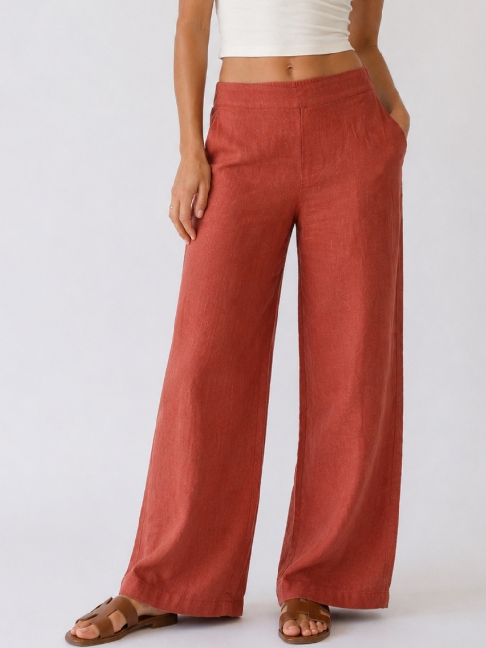 Magaschoni 100% Linen Wide Leg Pants XL Terracotta Rust 54663